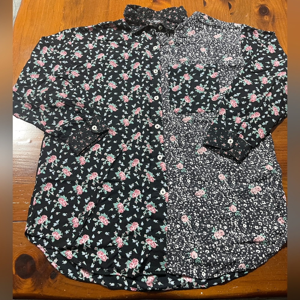 Cafe La Vie Vintage Womens Floral Patchwork Long Sleeve Button Up Flowy Shirt OS